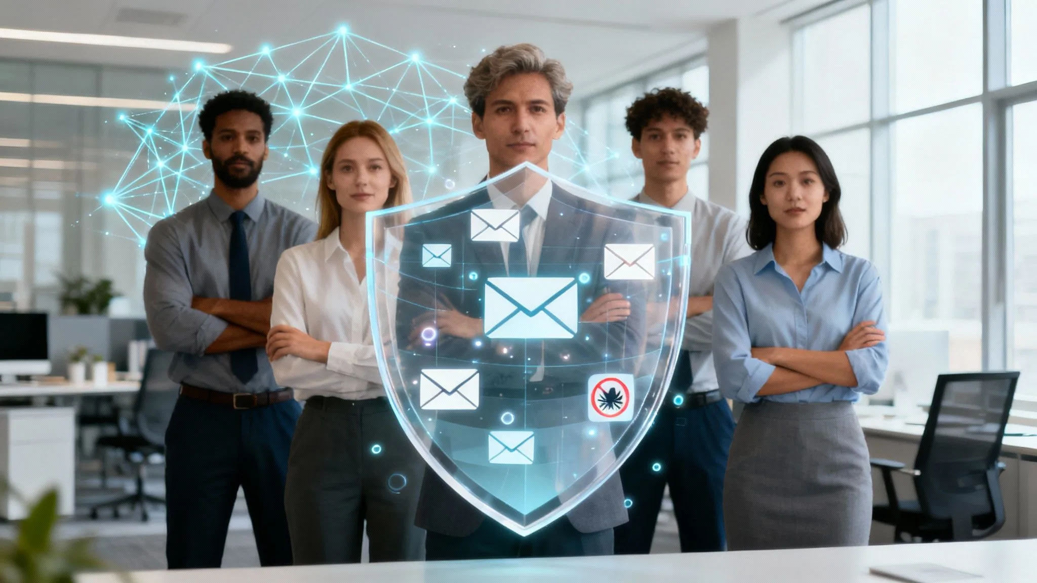 A diverse group of five professionals stands confidently in an office. A digital shield with email icons and security symbols overlays the image, representing cyber security and data protection.