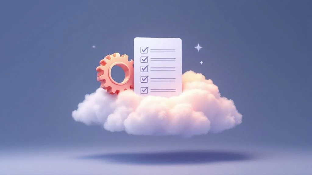 A floating cloud with a tick list and a pink cog resting on it, set against a soft blue background with sparkles, symbolising cloud computing or cloud-based task management.
