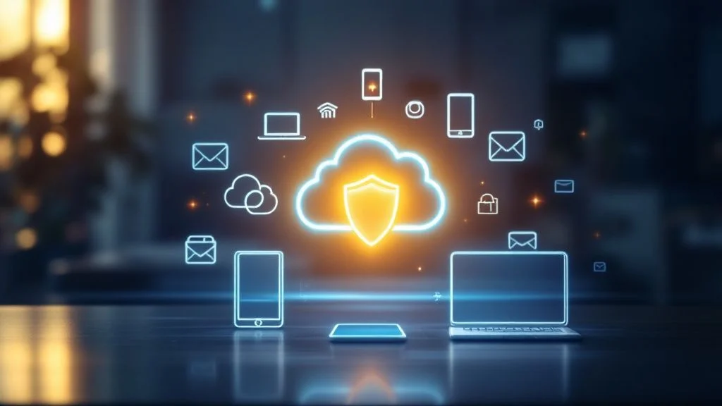 A glowing cloud icon with a shield at its centre is surrounded by digital icons of devices and emails, representing cloud security and data protection, with blurred office background.
