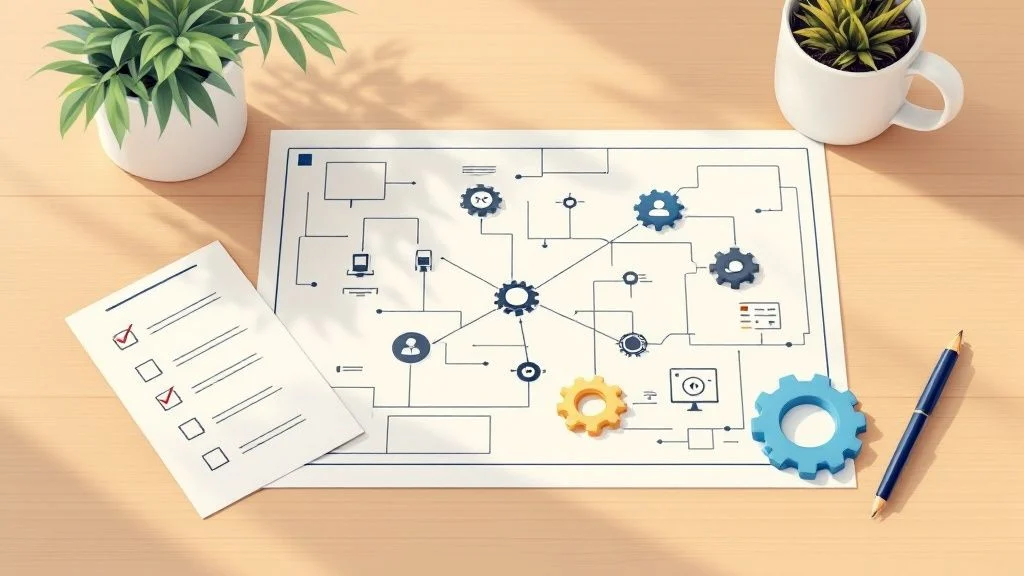 A desk with two potted plants, a tick-list, a pen, and a flowchart diagram featuring cogs and networking icons, representing project planning or workflow organisation.