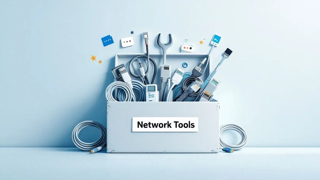 A white box labelled Network Tools contains various network cables, connectors, a spanner, tester, and other networking equipment, set against a light blue background.