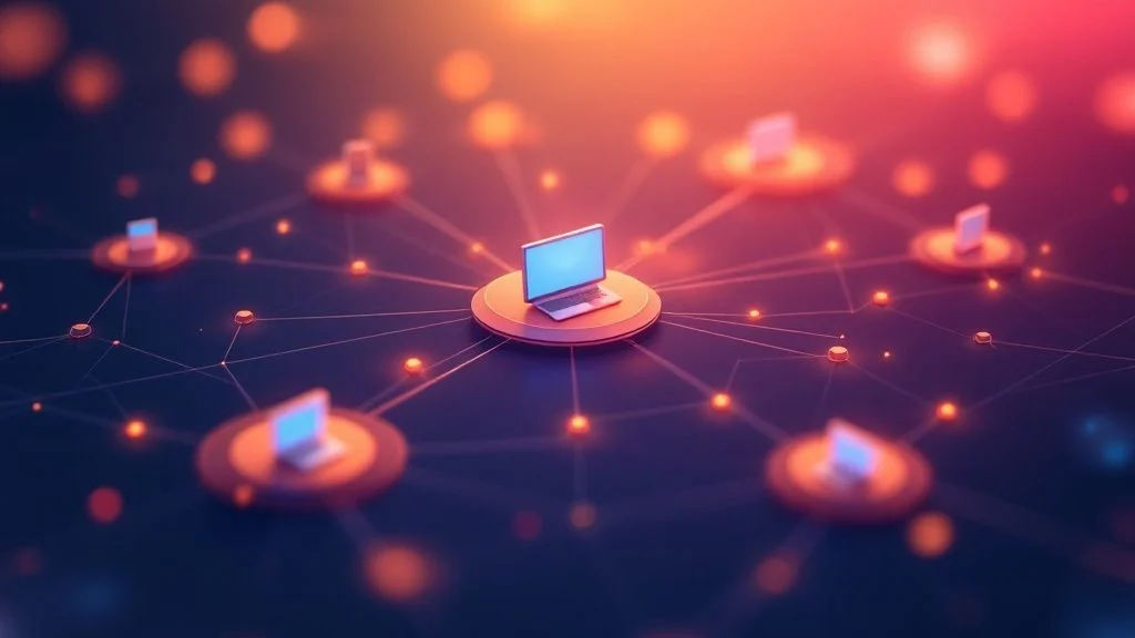 A central laptop is connected to multiple surrounding laptops, all linked by glowing lines and nodes, symbolising a network or digital connectivity on a dark background with orange and blue highlights.