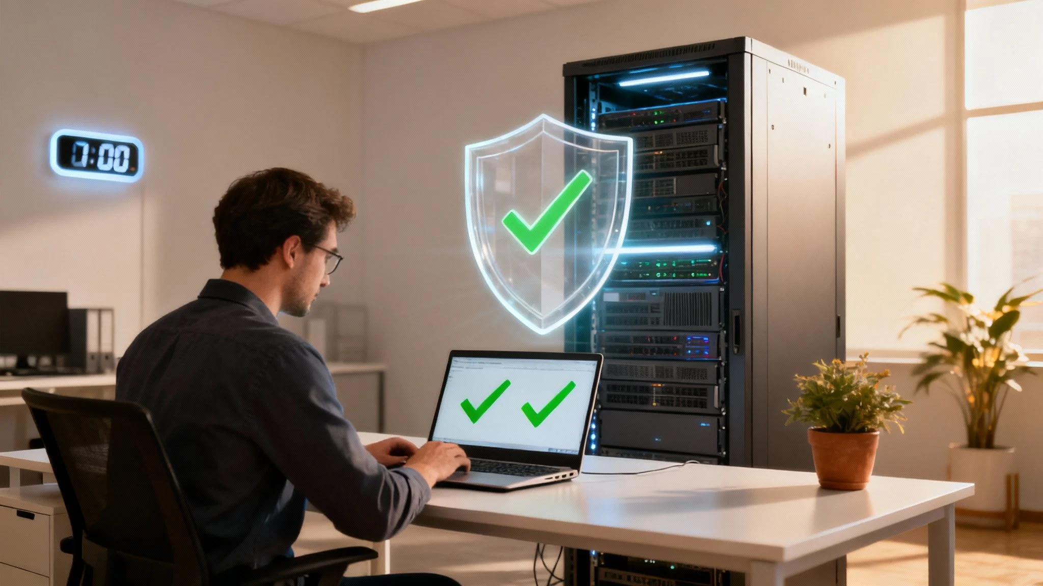 A man sits at a desk using a laptop in a server room. A digital shield with green tick marks appears on the laptop screen and in the air, symbolising cybersecurity and data protection.