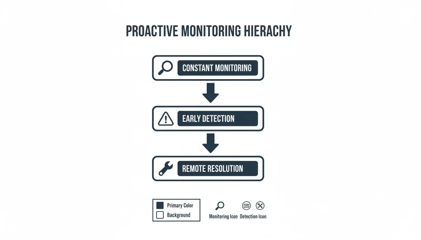 Flowchart illustrating the proactive monitoring hierarchy with steps: constant monitoring, early detection, and remote resolution.