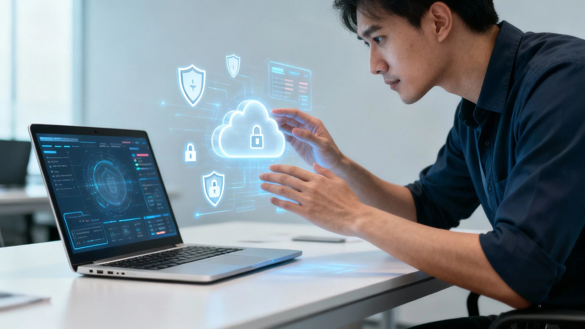 A man sits at a desk, interacting with a laptop displaying cybersecurity data. A glowing holographic cloud with security icons hovers above the keyboard, representing cloud computing and data protection.