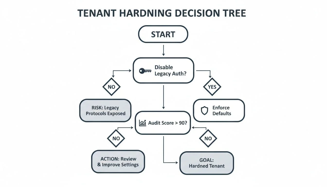 Flowchart illustrating a tenant hardening decision tree, covering legacy authentication, audit scores, and security actions.