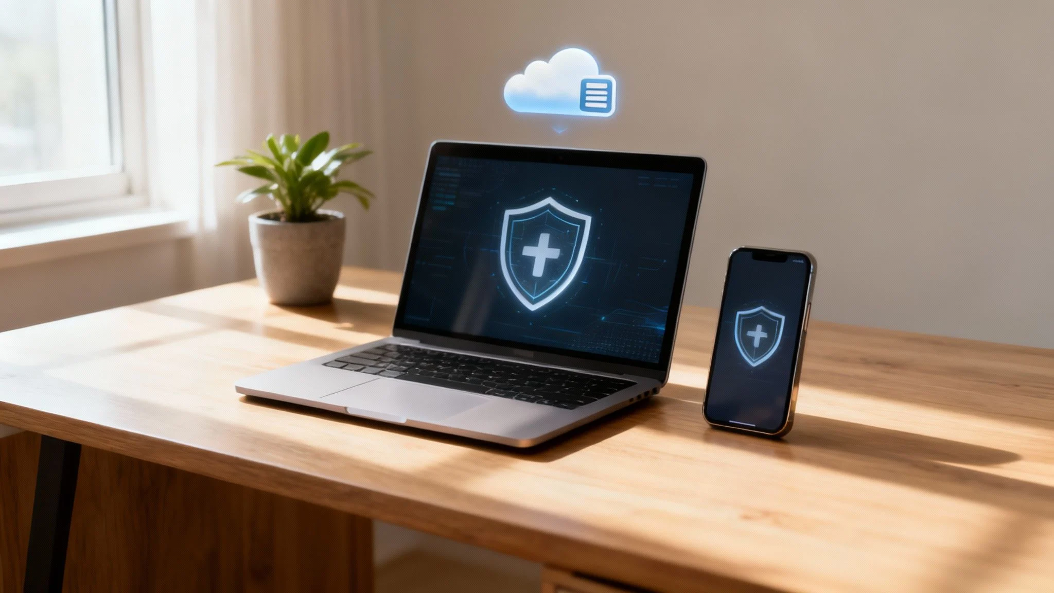 A laptop and smartphone display security shield icons with a cloud storage icon above, on a wooden desk.