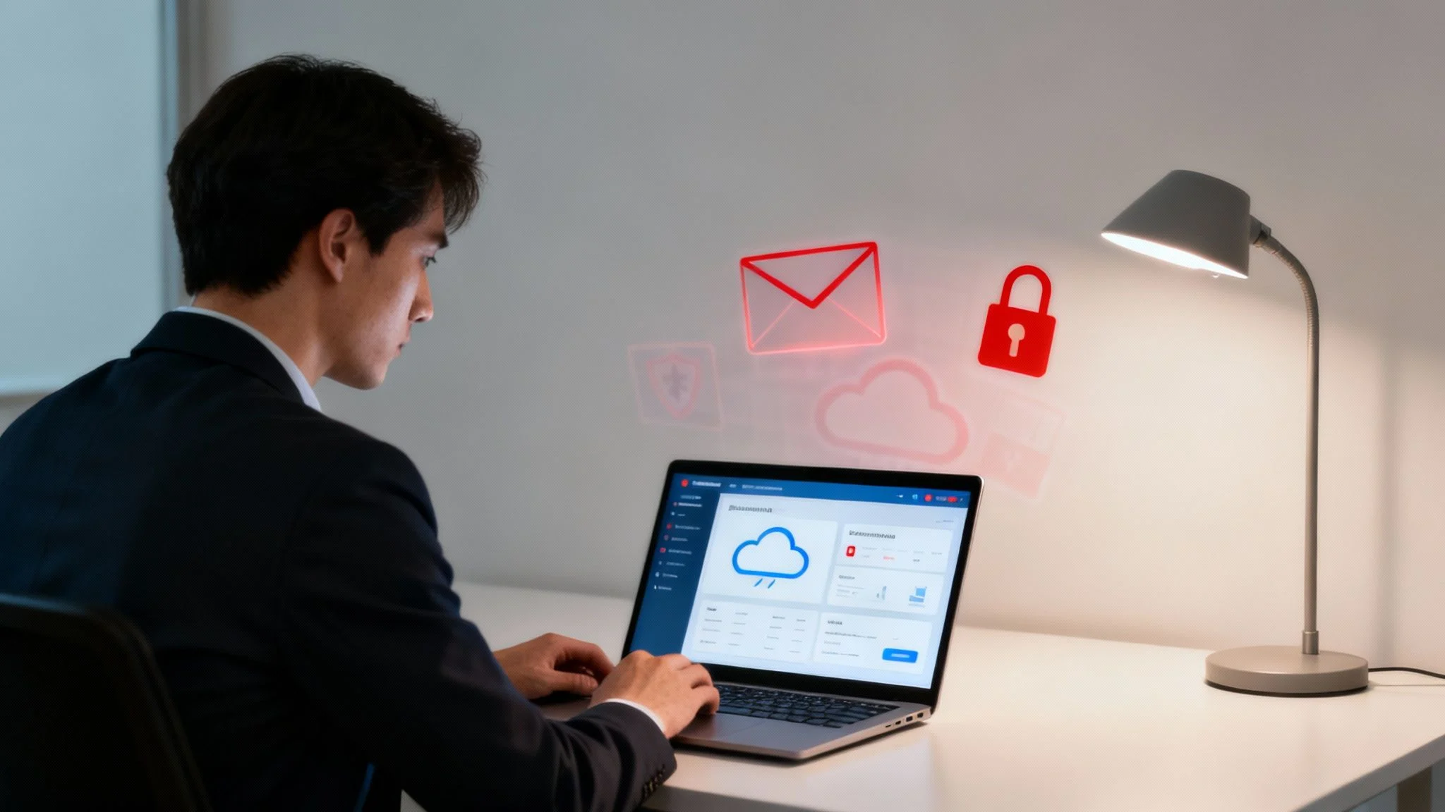 Man in suit working on laptop with glowing security, cloud, and email icons.