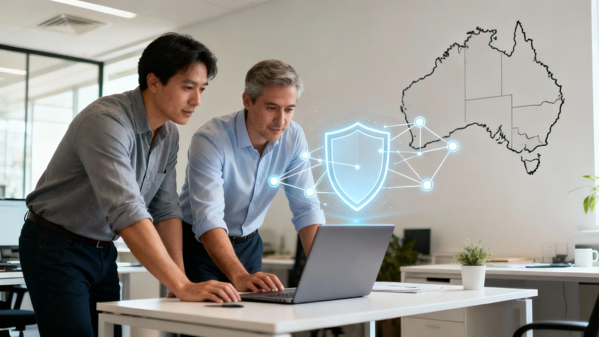 Two men collaborate on a laptop with a glowing cybersecurity shield and Australian map in the background.