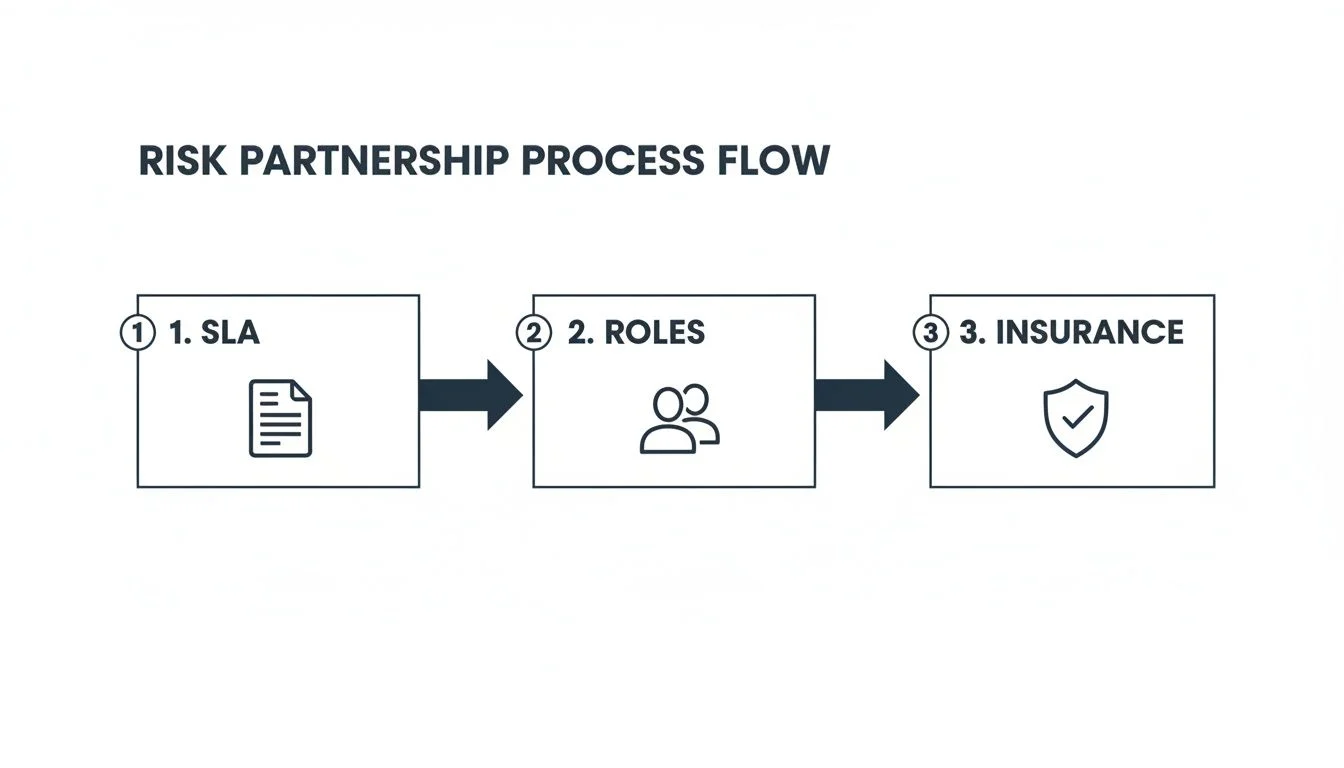 A flowchart illustrating the risk partnership process, detailing steps: 1. SLA, 2. Roles, and 3. Insurance.