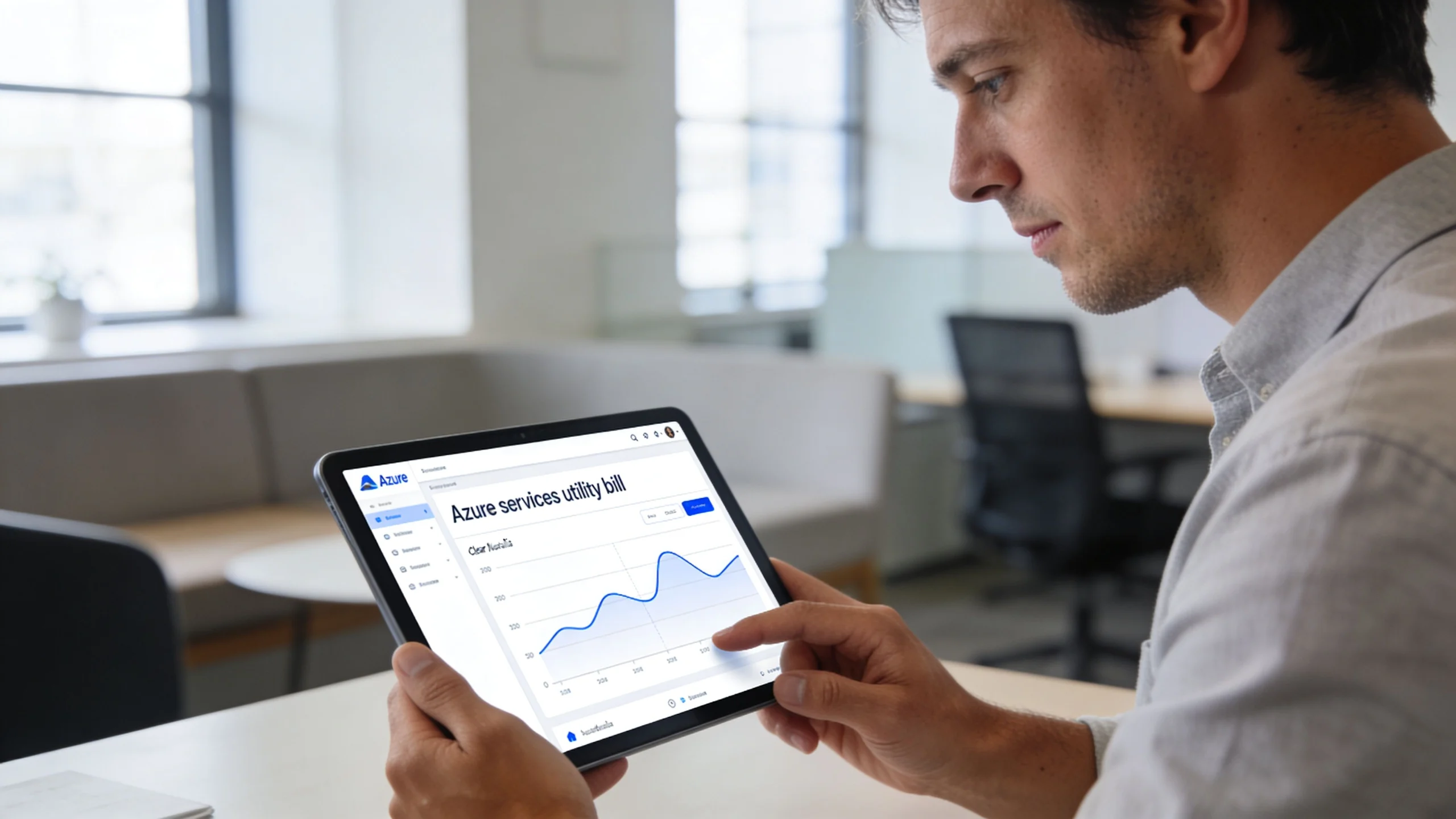 A professional analyzing Microsoft Azure billing and data trends on a tablet in a modern office.