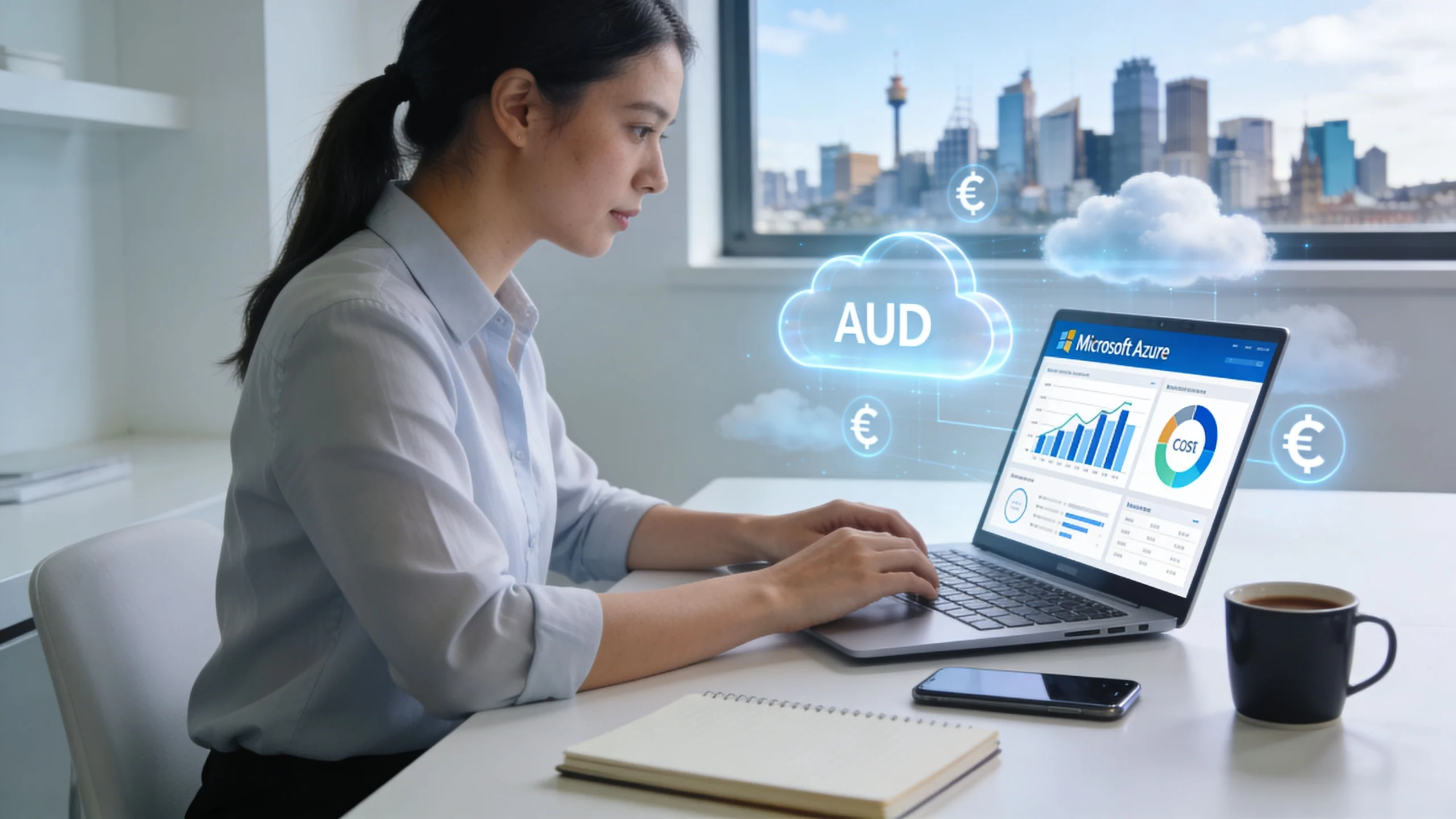 A woman works on a laptop displaying Microsoft Azure data analytics with cloud and currency graphics (AUD, Euro) overlaid. She sits at a desk with a notebook, phone, and a city skyline visible through the window.