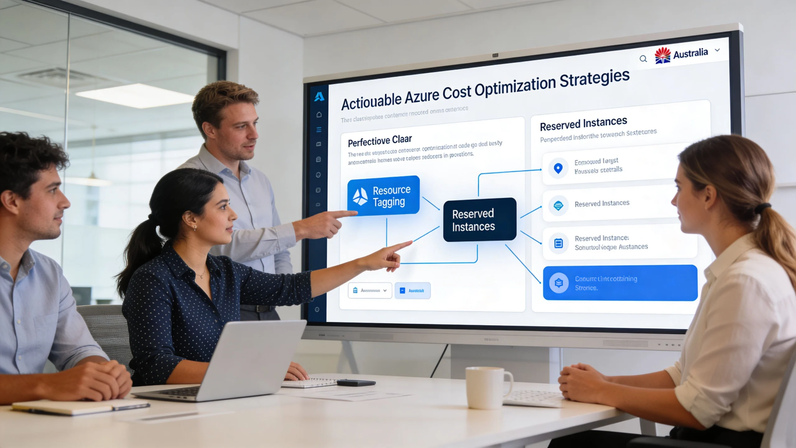 A professional team discussing Azure cloud cost optimization strategies during a collaborative meeting in an office setting.