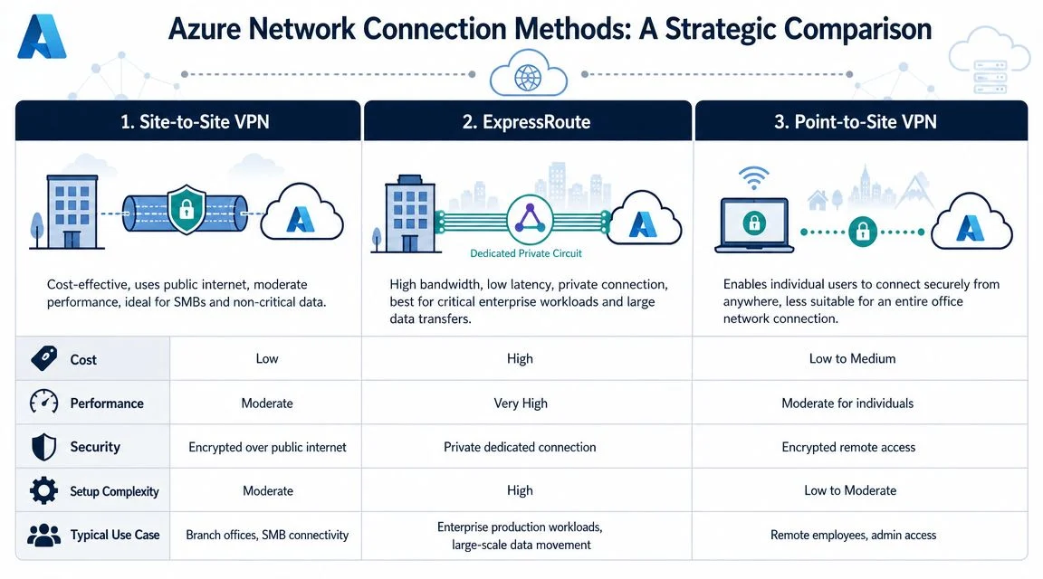 A comparison chart showing three methods for connecting to Azure: Site-to-Site VPN, ExpressRoute, and Point-to-Site VPN.