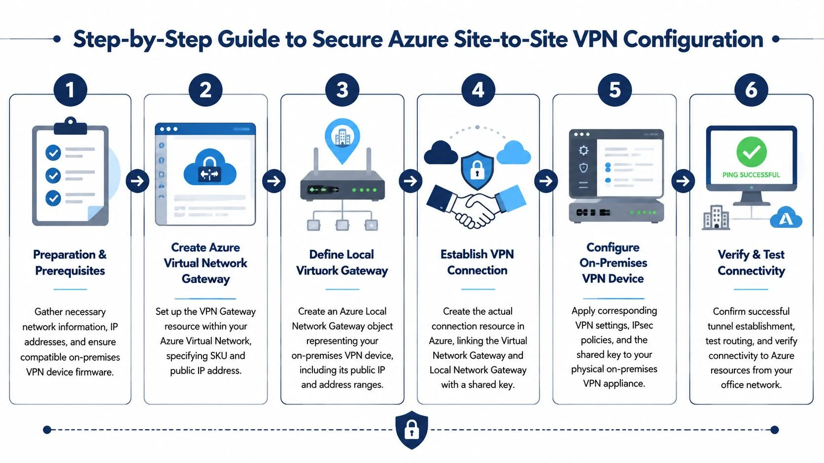 A six-step visual guide outlining the process for configuring a secure Azure site-to-site VPN connection.