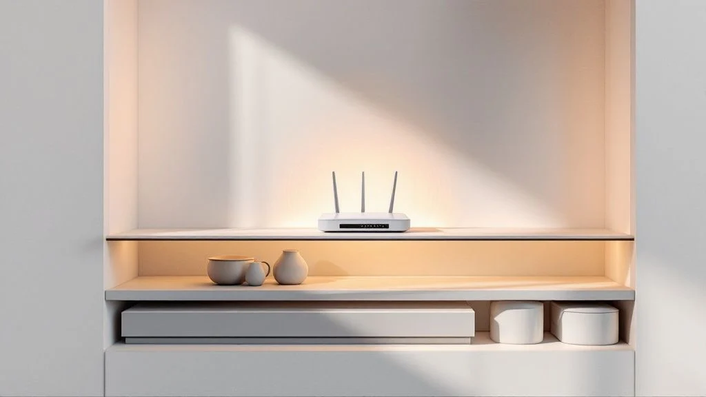 A minimalist shelf features a white wireless router with three aerials, two small vases, a soundbar, and two white storage containers, all illuminated by soft, warm lighting.