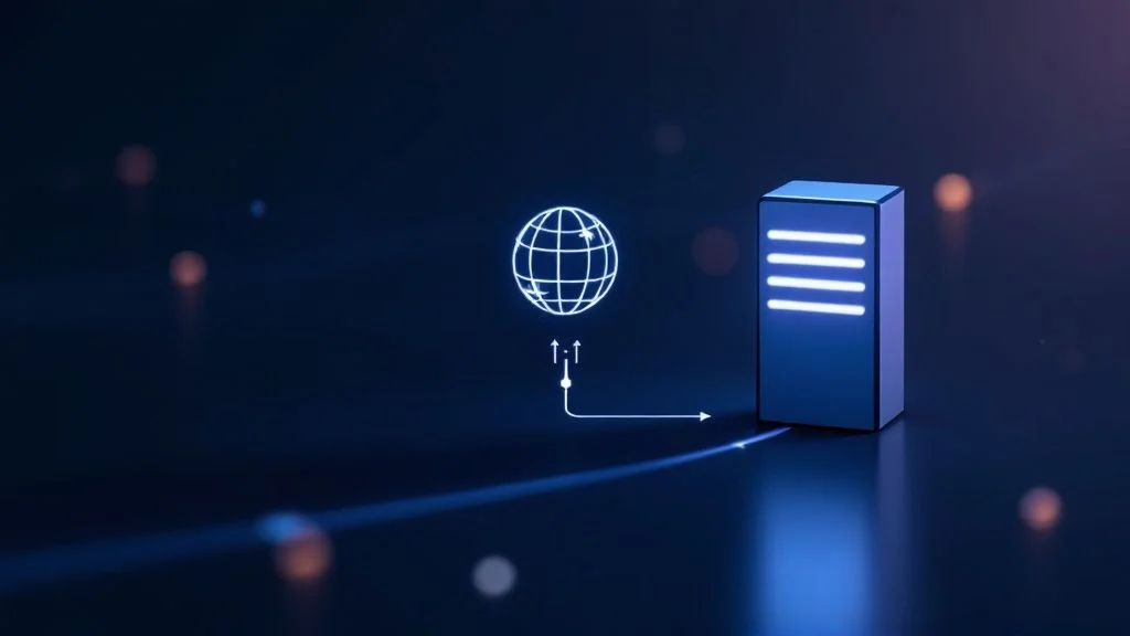A glowing server tower stands next to a digital globe icon on a dark background, connected by an arrow representing data transfer or internet connectivity.