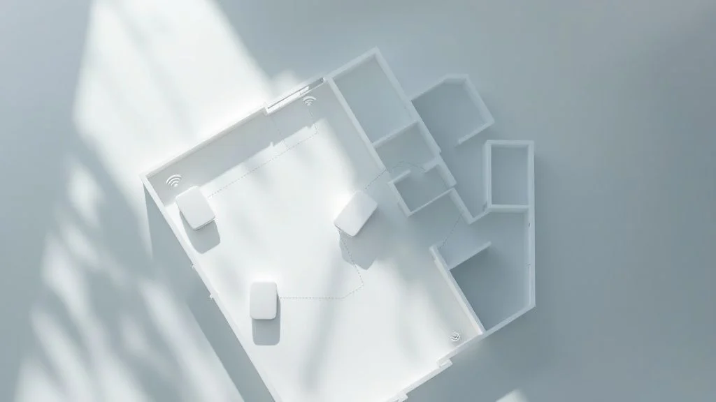 A minimalistic, white 3D floor plan of a room with a few small rectangular objects placed inside, viewed from above with soft shadows and light streaming across the scene.