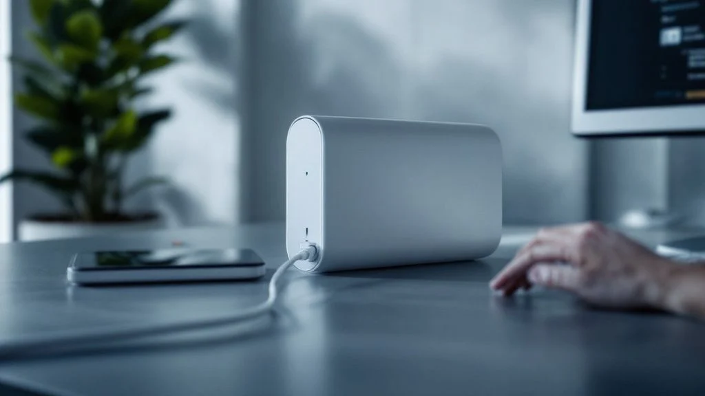 A hand rests on a desk near a white, rectangular electronic device connected to a tablet by a cable. A computer monitor and a leafy plant are visible in the blurred background.