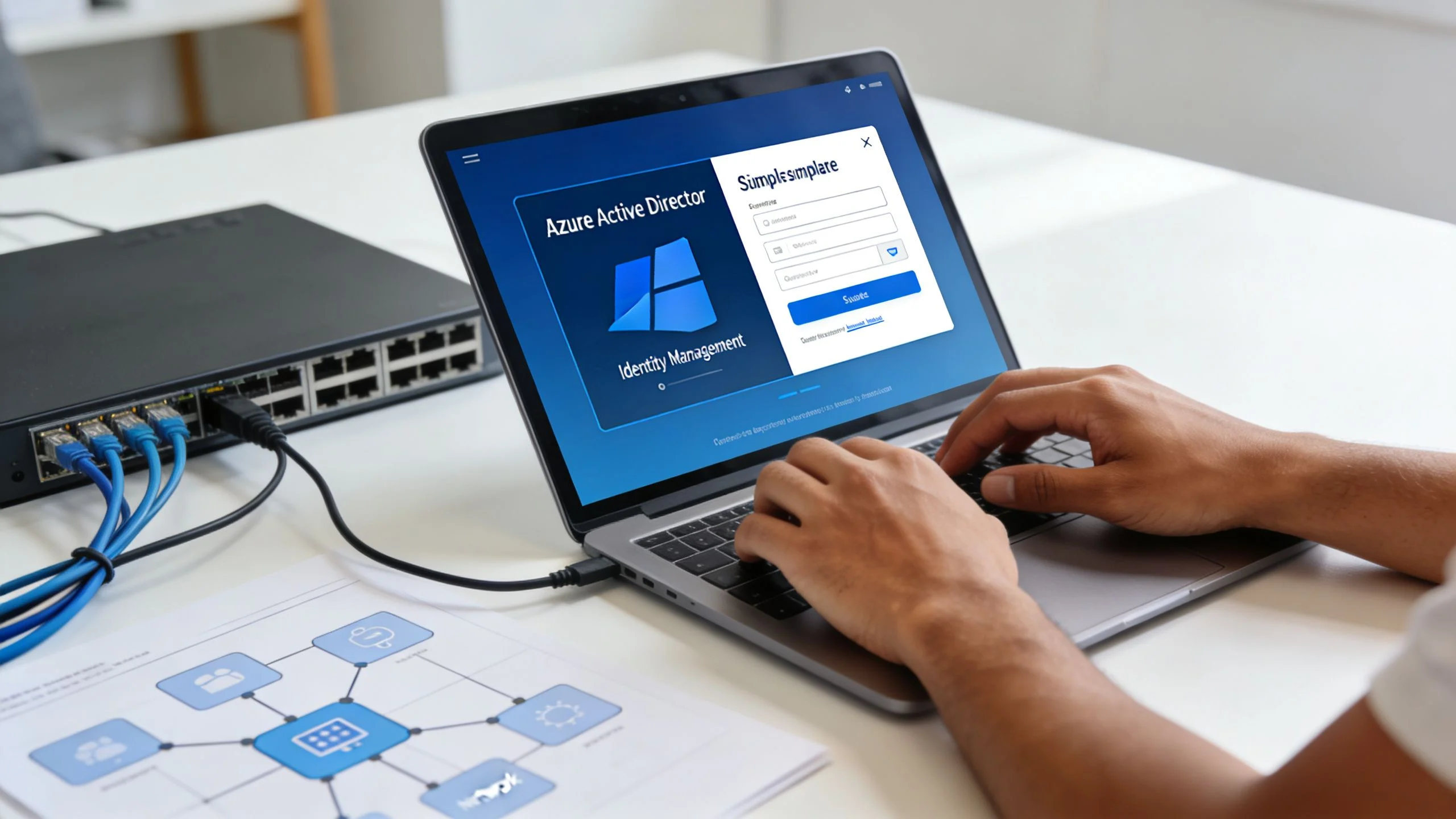 A professional working on a laptop connected to a network switch to manage Azure Active Directory services.