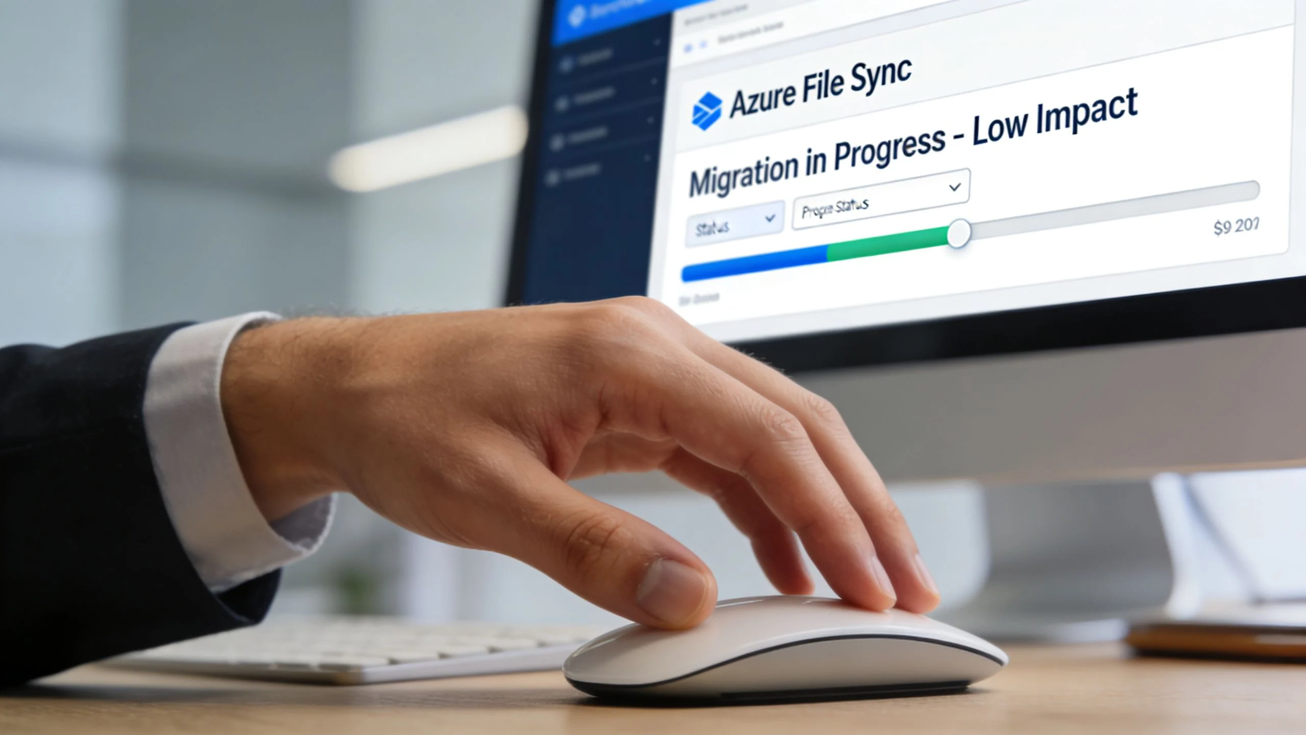 A professional hand uses a computer mouse while an Azure File Sync migration process displays on screen.
