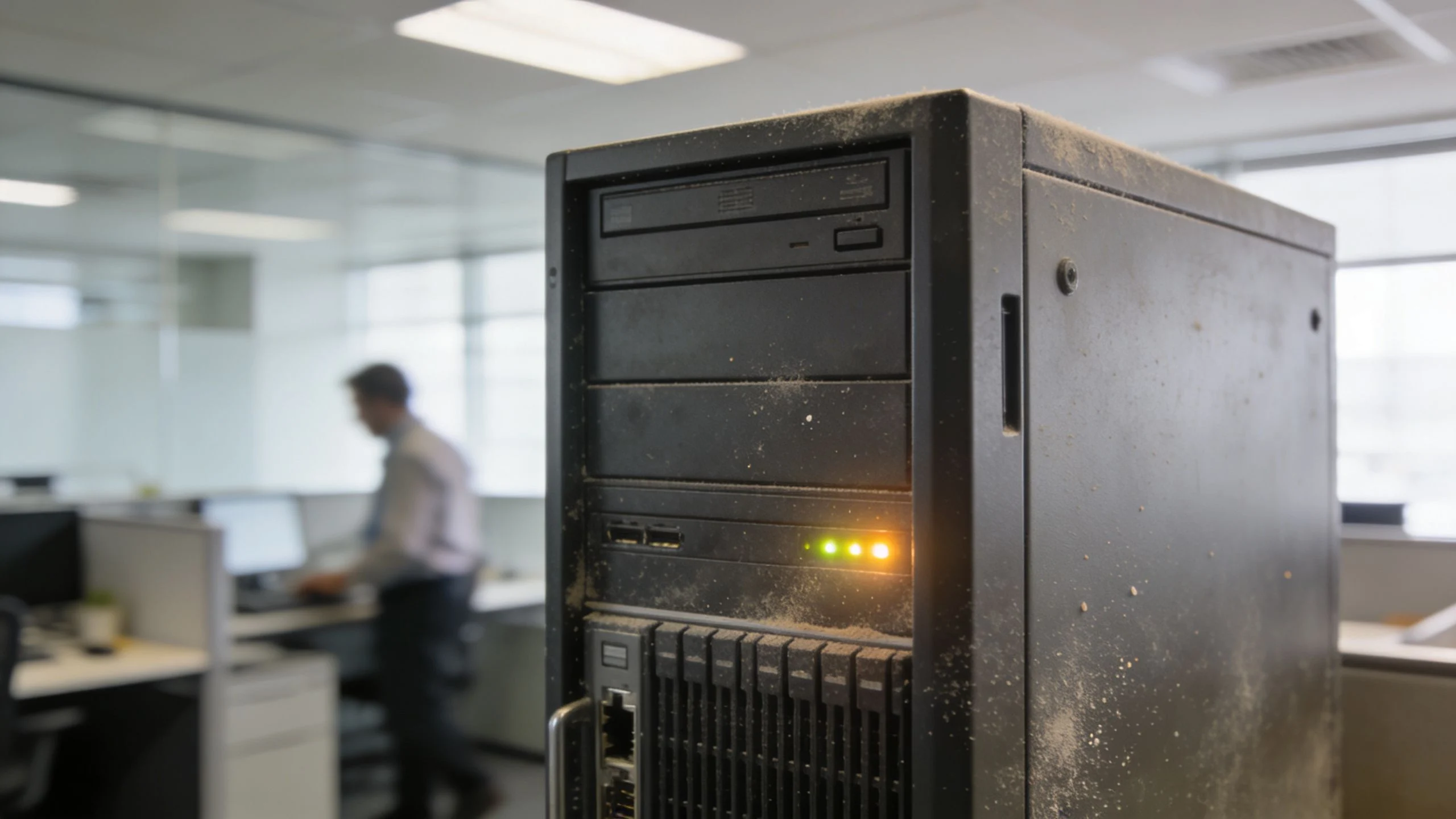 A dusty desktop computer tower standing in an office environment with a person working in the background.