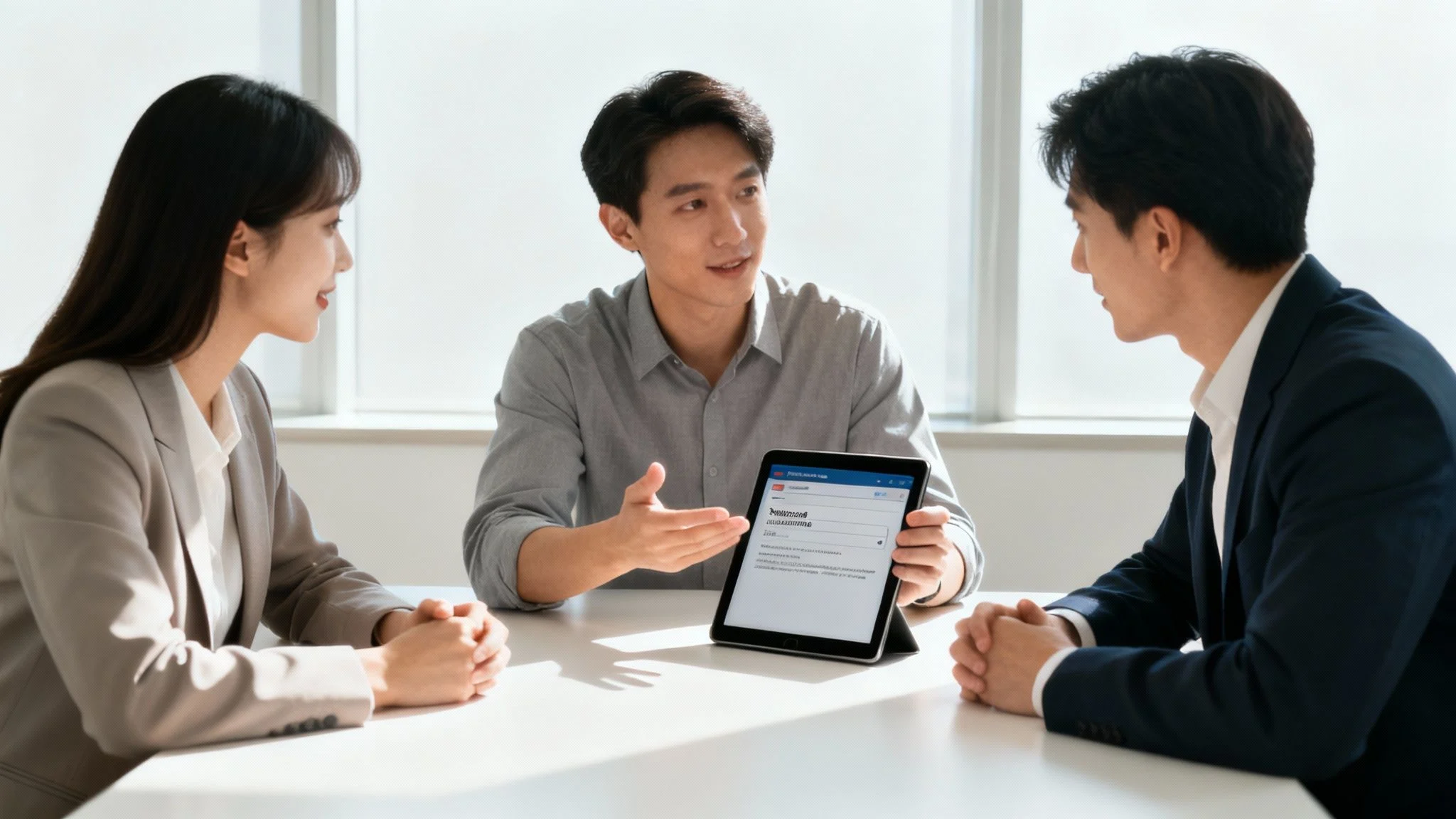 Three people in business attire sit at a table discussing something, while the man in the centre gestures and shows information on a tablet to the others. Sunlight streams through large windows behind them.