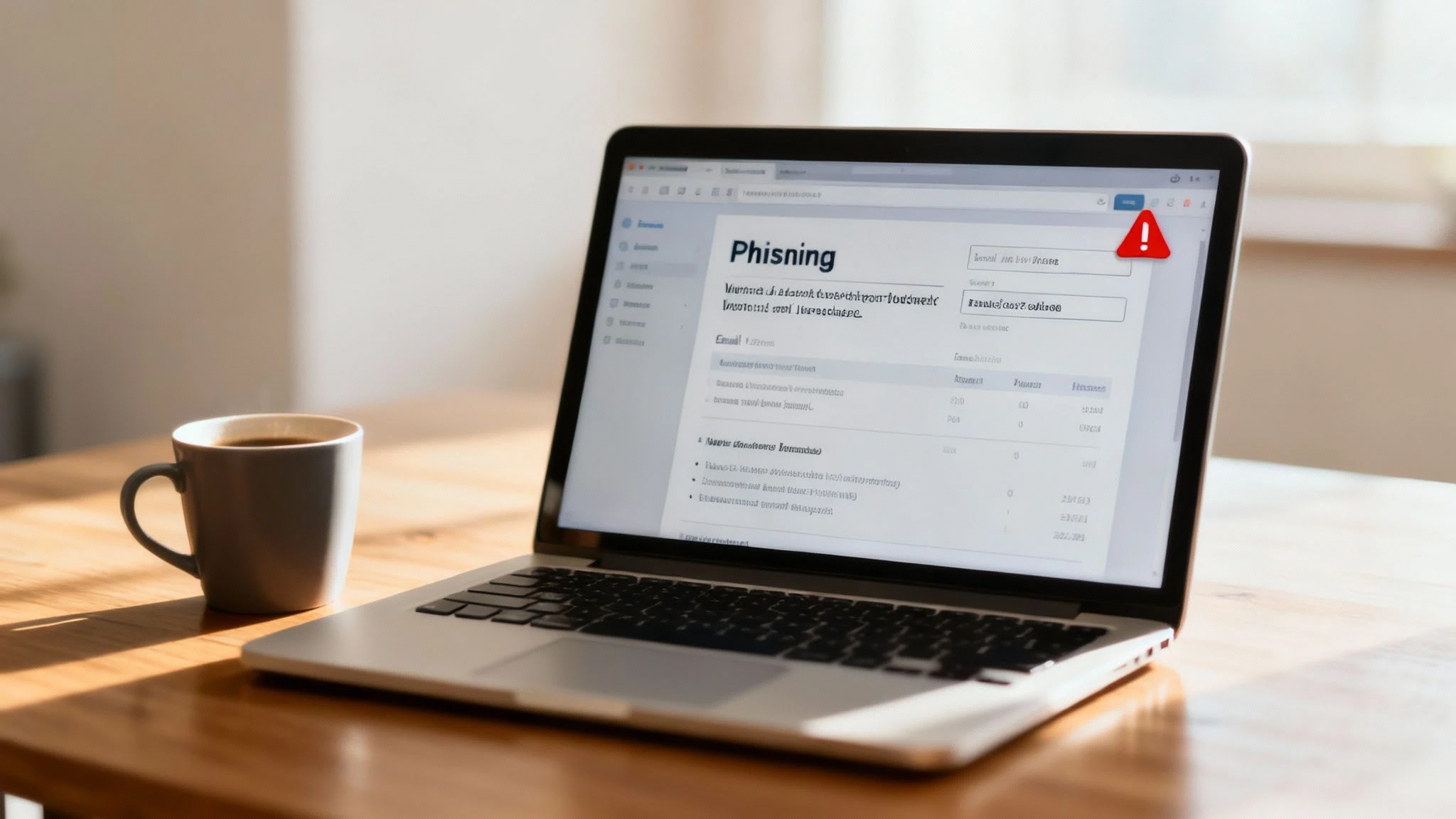 A laptop on a wooden table displays a phishing awareness training page, with a red warning icon on the screen. A cup of coffee sits beside the laptop in a sunlit room.