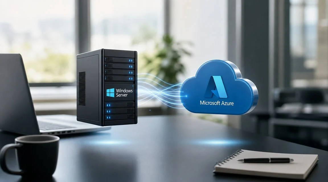 Windows Server connects to Microsoft Azure, illustrating cloud integration on a modern workspace desk.