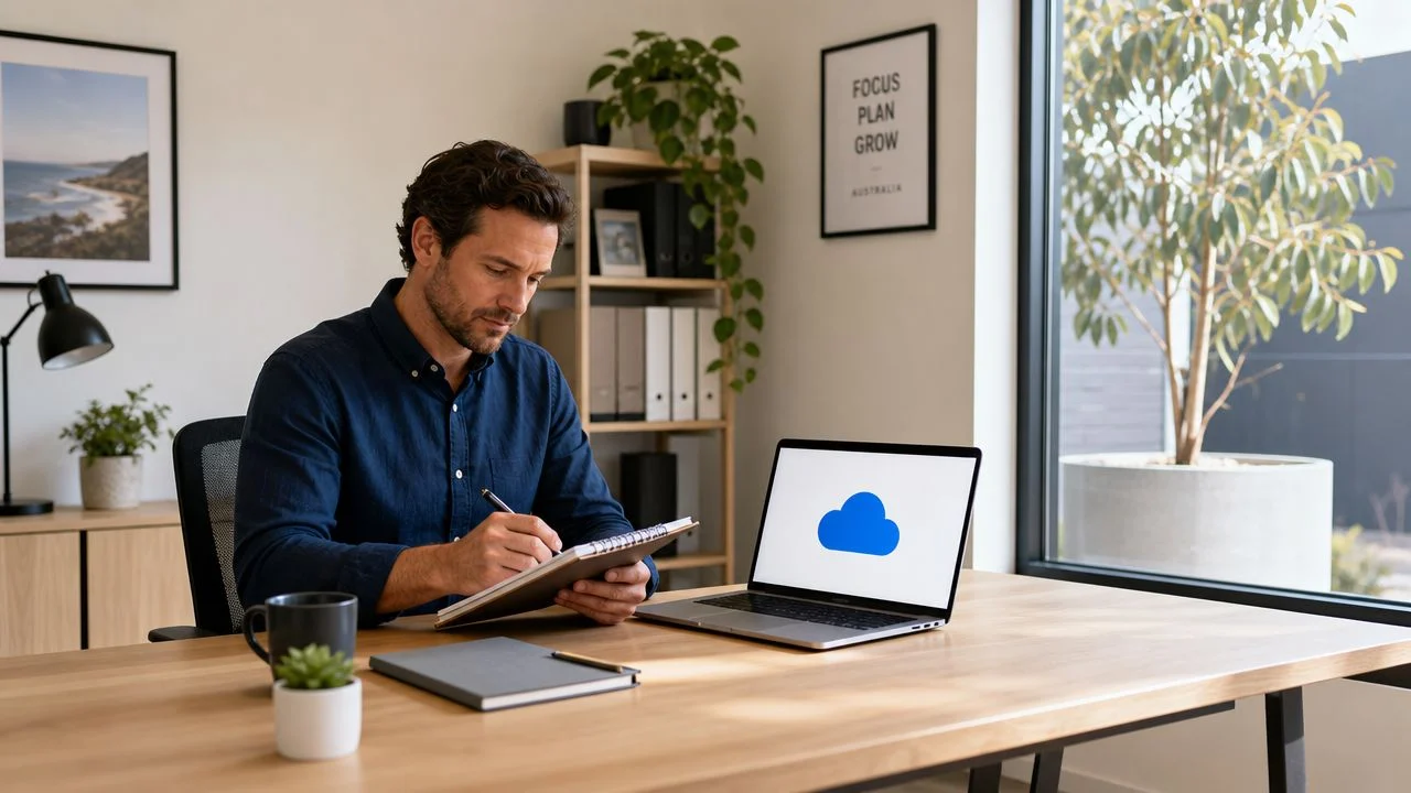 A professional man taking notes while working on a laptop with a cloud icon on the screen.