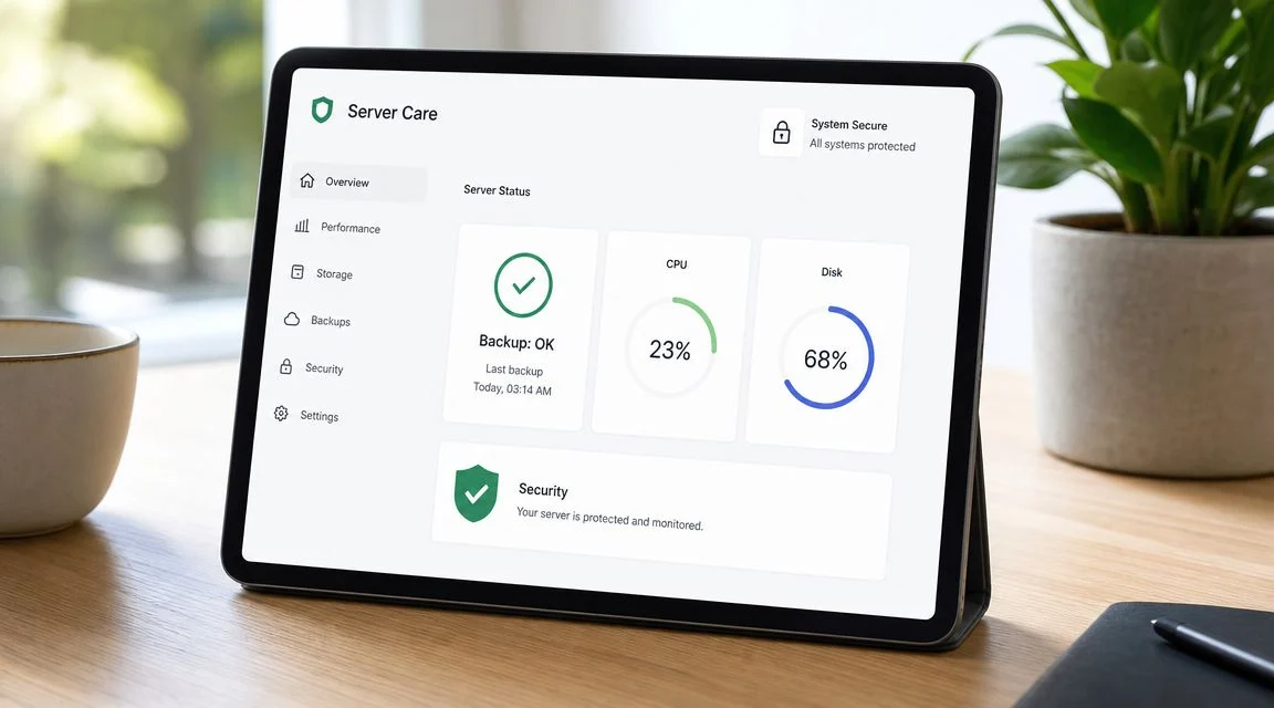A digital tablet displaying a Server Care dashboard showing system status, CPU usage, and security protocols.