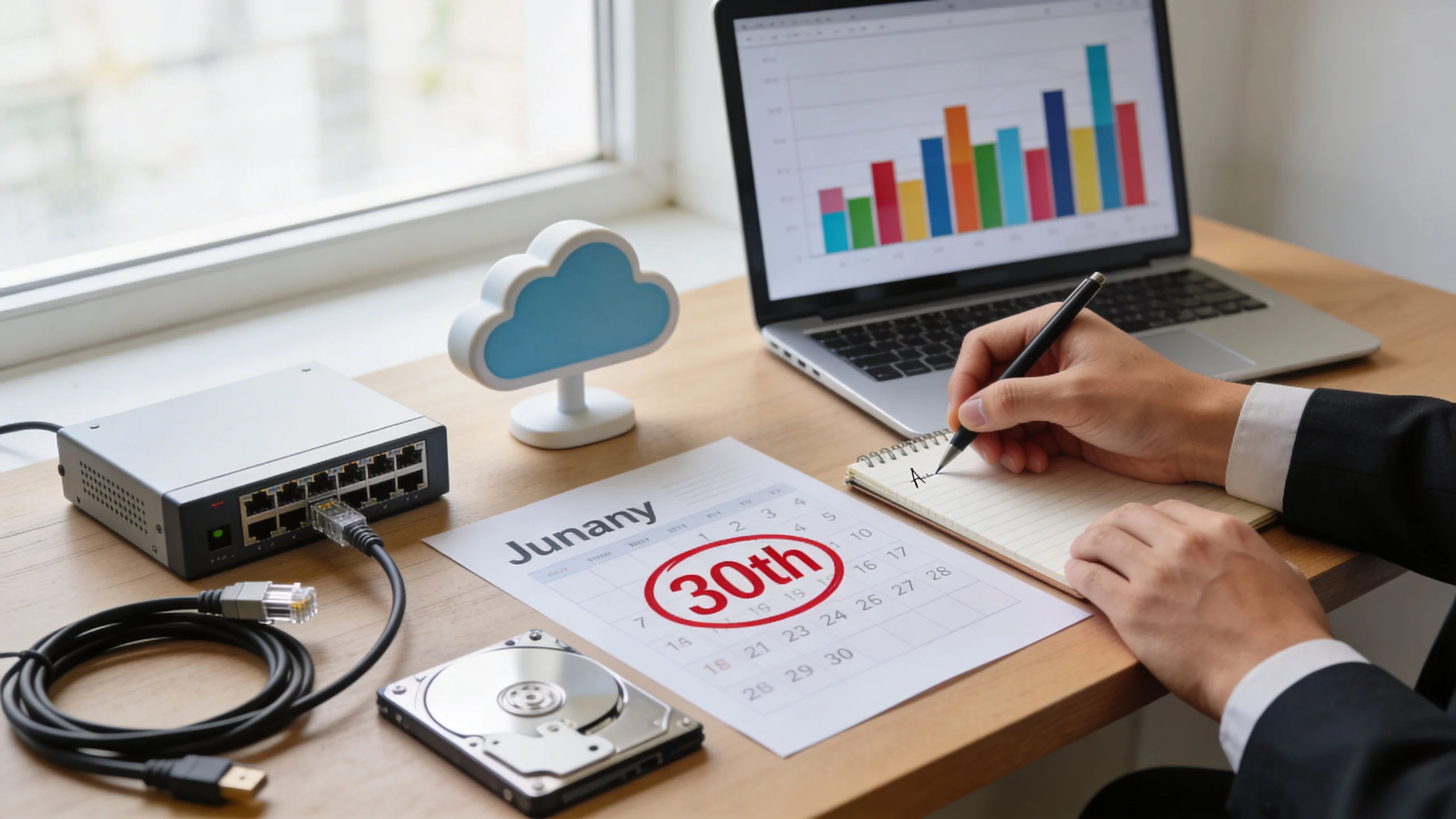 A person writes in a notebook at a desk with a calendar showing 30th January circled, a laptop displaying a bar chart, an external hard drive, a network switch, a cable, and a cloud icon nearby.