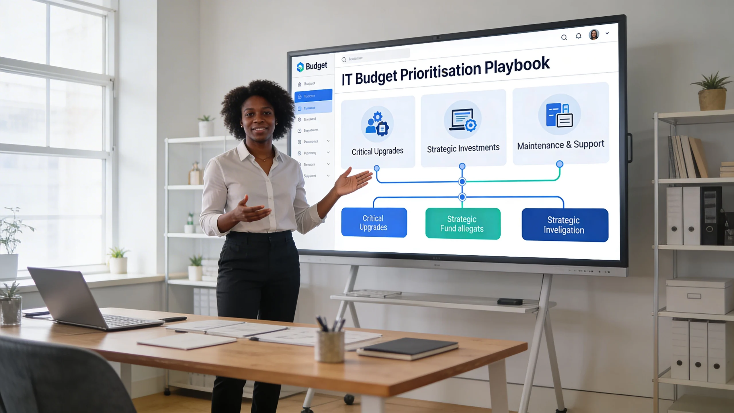 A professional woman presenting an IT budget prioritization strategy on a large digital screen in an office.