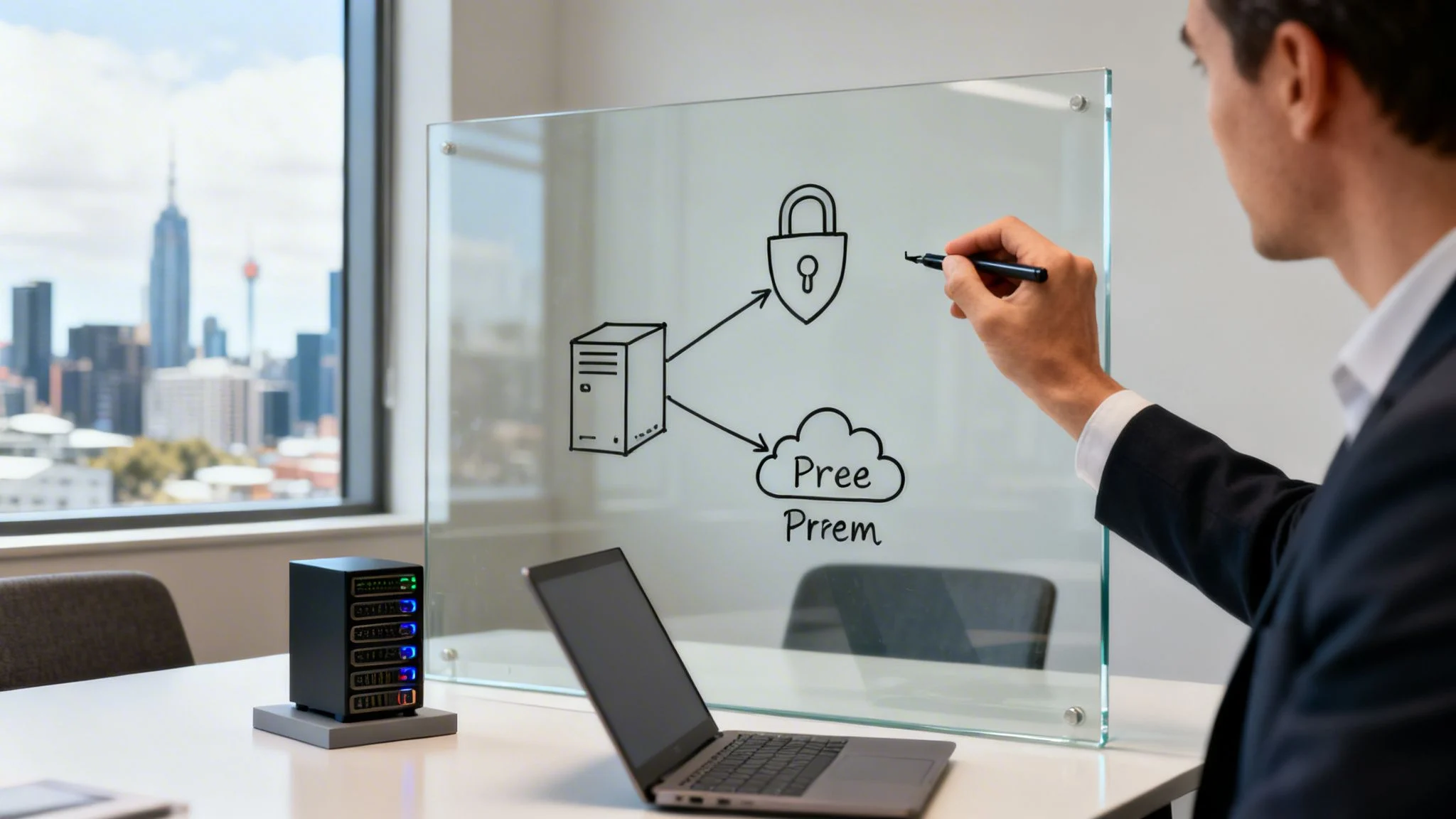 Man drawing a diagram of server, cloud, and security on a glass board in an office.