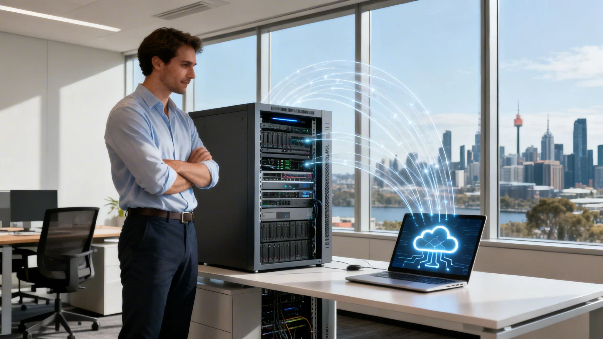 A man stands beside a server rack in an office, looking at a laptop displaying a cloud icon with digital lines connecting the server and laptop. City skyline is visible through large windows in the background.