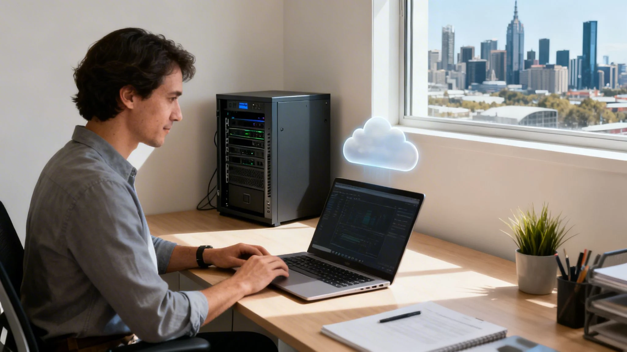 Man working on laptop with server rack and glowing cloud, overlooking Melbourne city.
