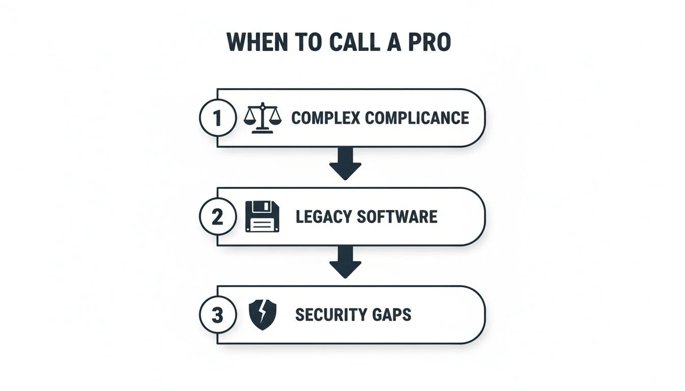 Infographic detailing three key reasons to seek professional help: complex compliance, legacy software, and security gaps.