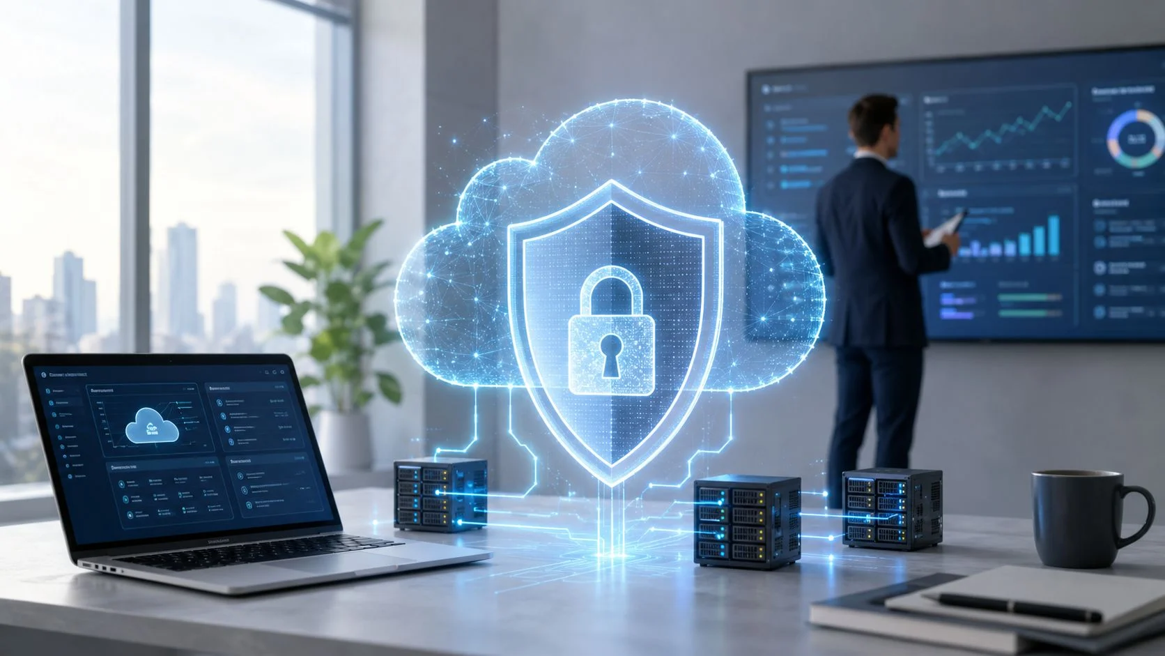 A laptop displays cloud security data, with a digital shield icon, while a professional analyzes graphs on a screen.