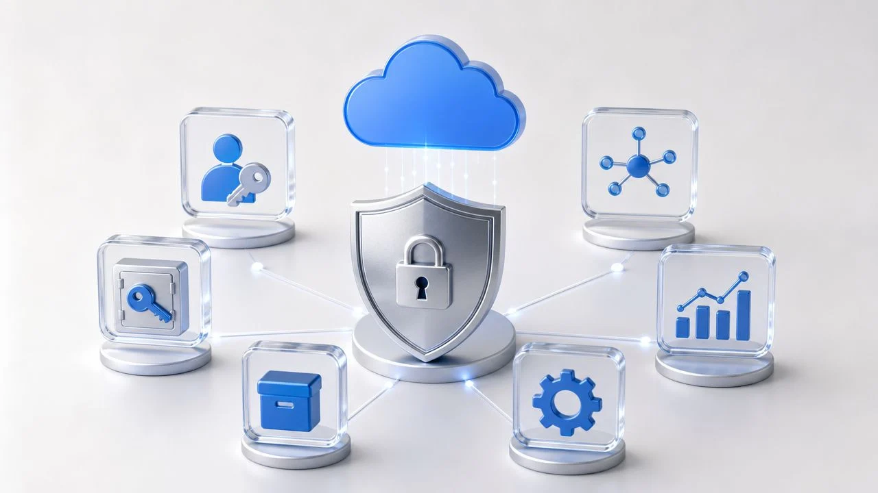 A shield with a lock is surrounded by icons representing cloud security, user access, data management, and analytics.
