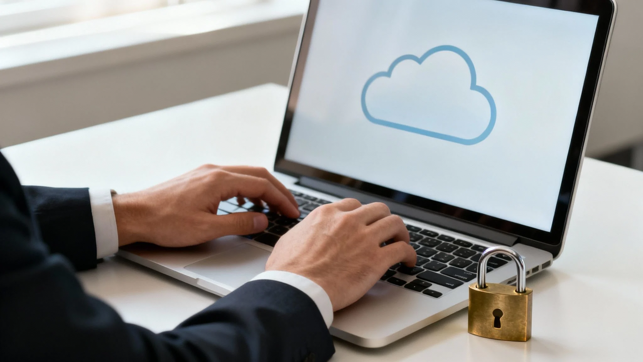 A person in business attire types on a laptop displaying a cloud icon on the screen, with a gold padlock placed on the keyboard, symbolising cloud security and data protection.