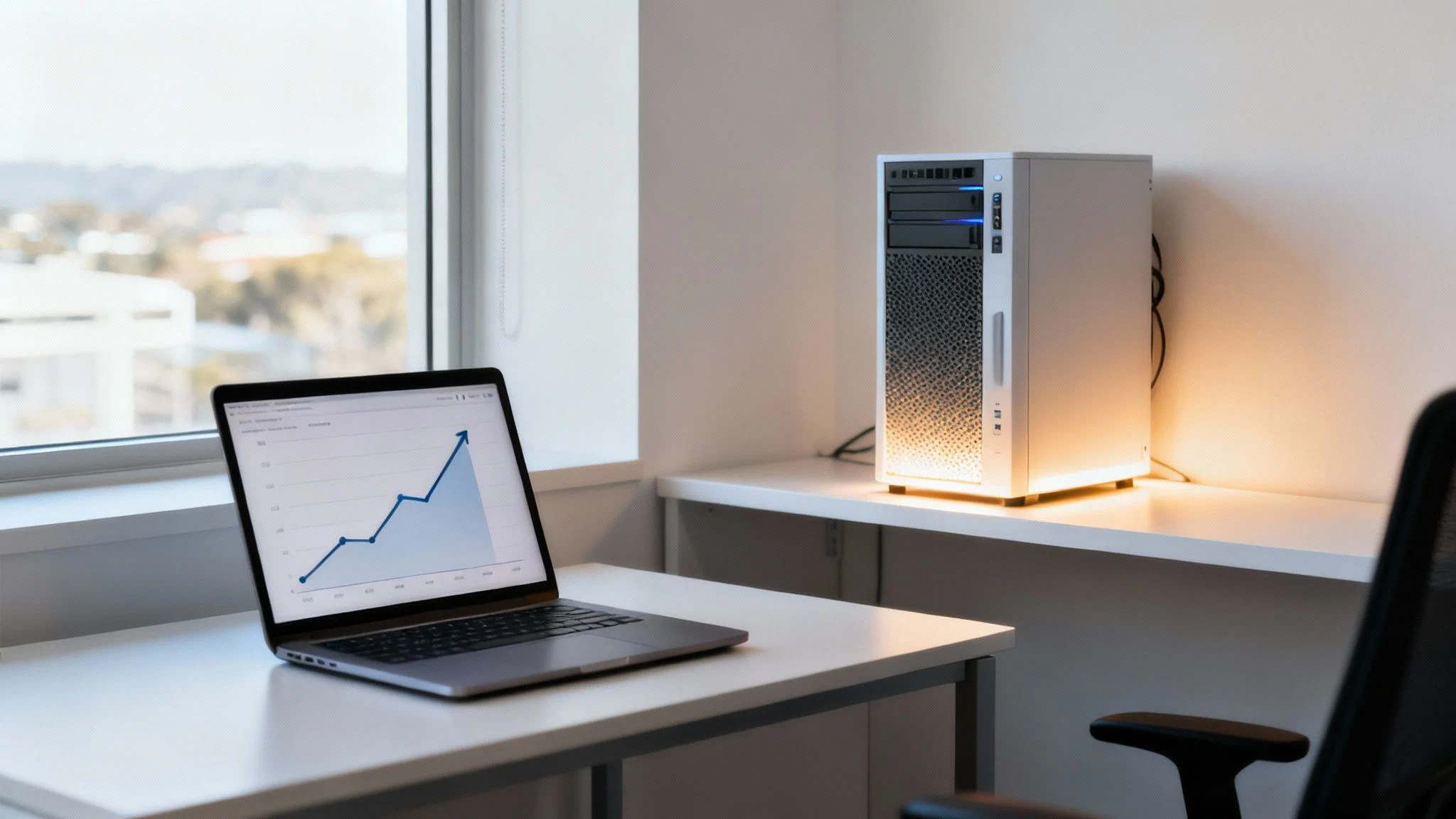 A laptop displaying a rising line graph sits on a desk next to a window. Beside it, on another desk, is a desktop computer tower with glowing lights. The scene is in a clean, modern office.