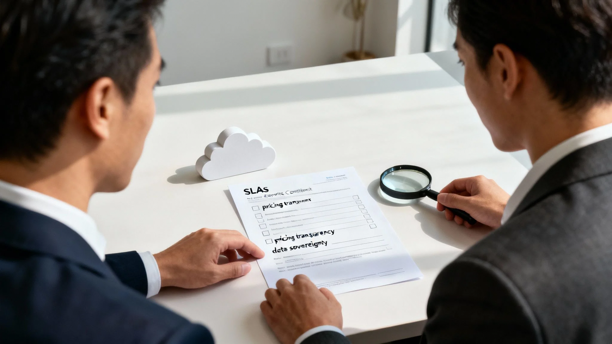 Two men in suits sit at a table reviewing a Service Level Agreement (SLA) document with tickboxes, one holding a magnifying glass, with a small cloud-shaped object nearby.