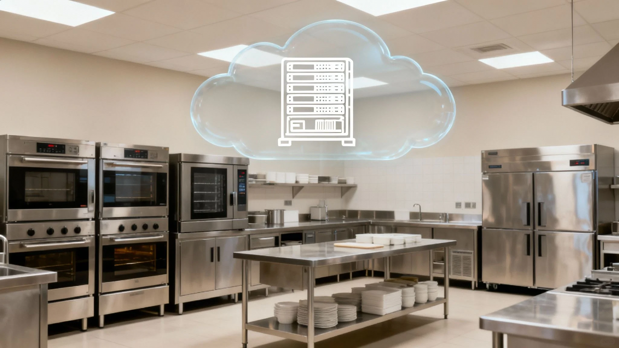 A modern commercial kitchen with stainless steel appliances and worktops. Above, a digital cloud graphic with a server icon suggests cloud-based technology integration in the kitchen.