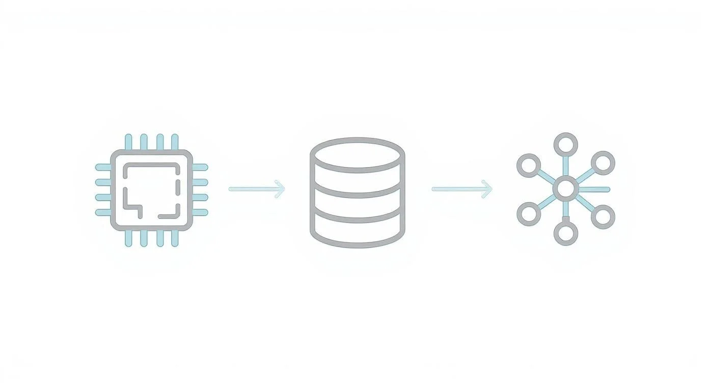 A simple diagram shows a microchip, an arrow pointing to a database icon, and another arrow pointing to a network or hub icon, illustrating data flow from processing to storage to distribution.
