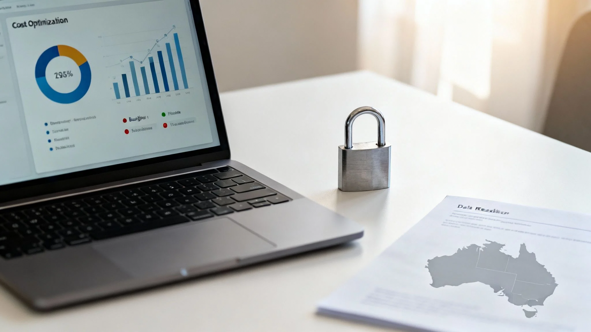 A laptop displaying graphs and charts sits on a white desk next to a silver padlock and a document with a map of Australia, symbolising data security and analysis.