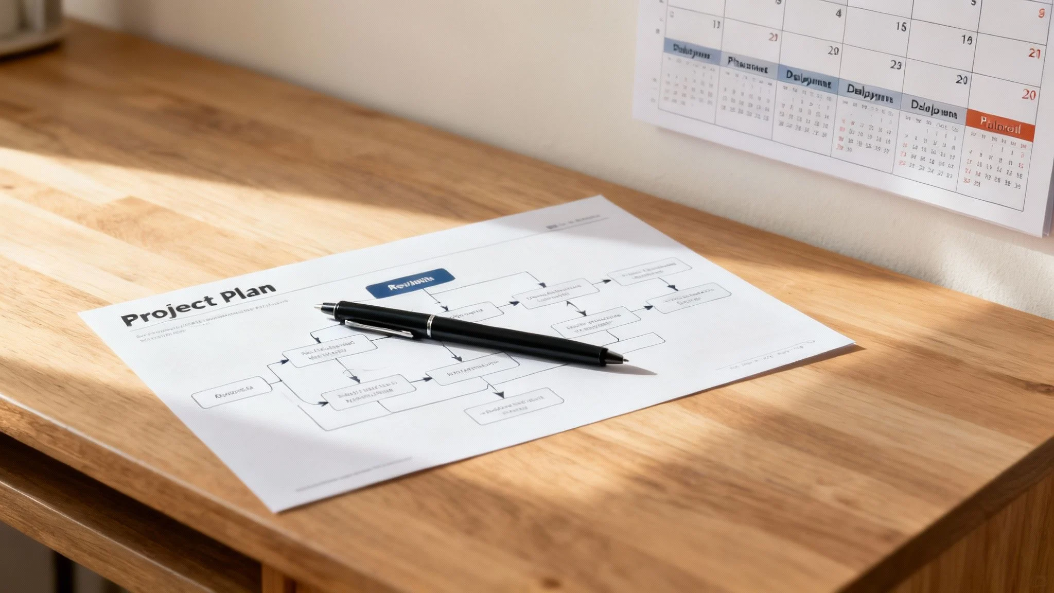 A project plan document with a flowchart and two black pens sits on a wooden desk. A wall calendar is partially visible above the desk in the background. Sunlight shines across the desk surface.