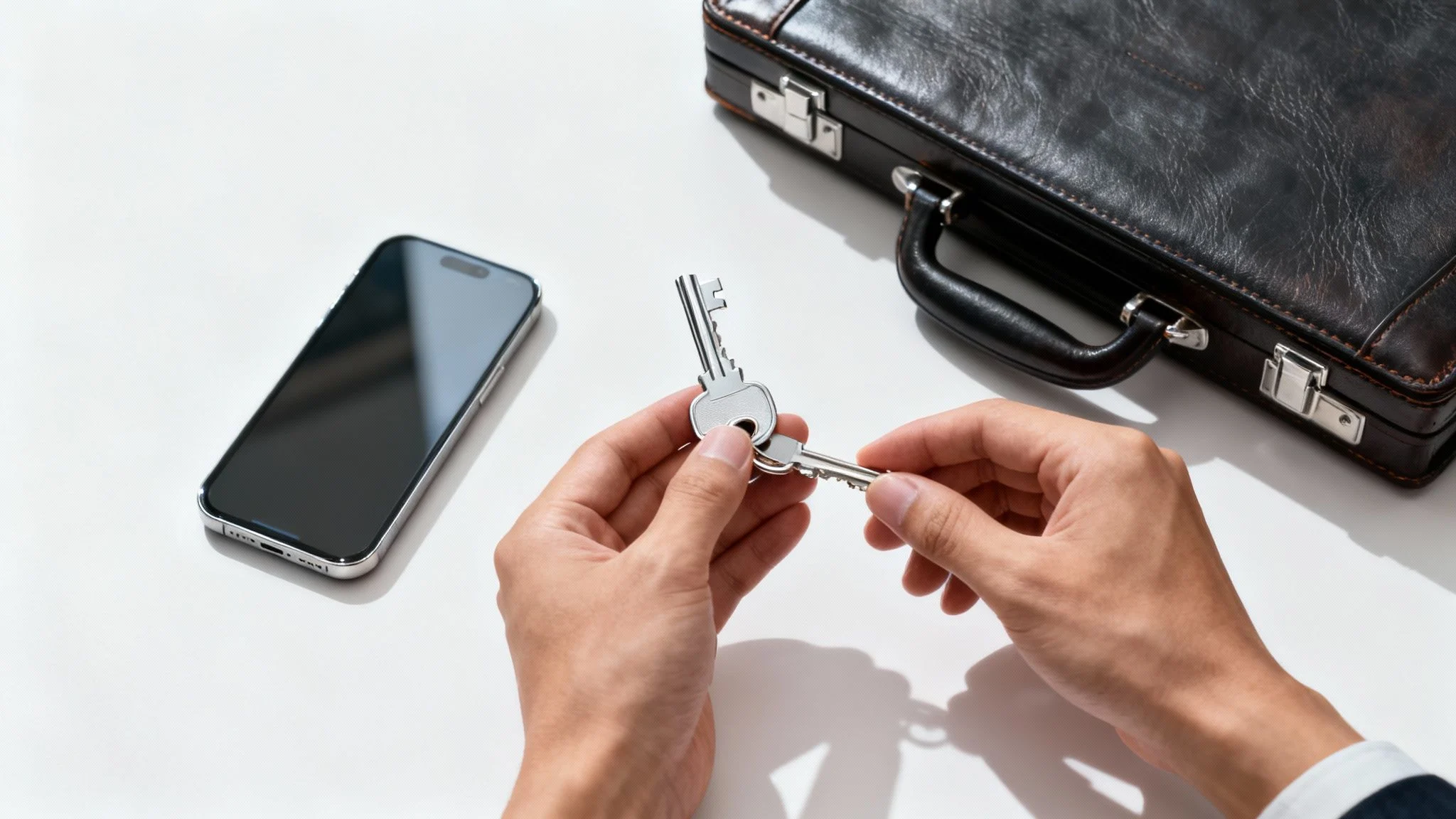 A person holds two keys on a keyring above a white desk. Nearby, there is a smartphone and a closed black leather briefcase.