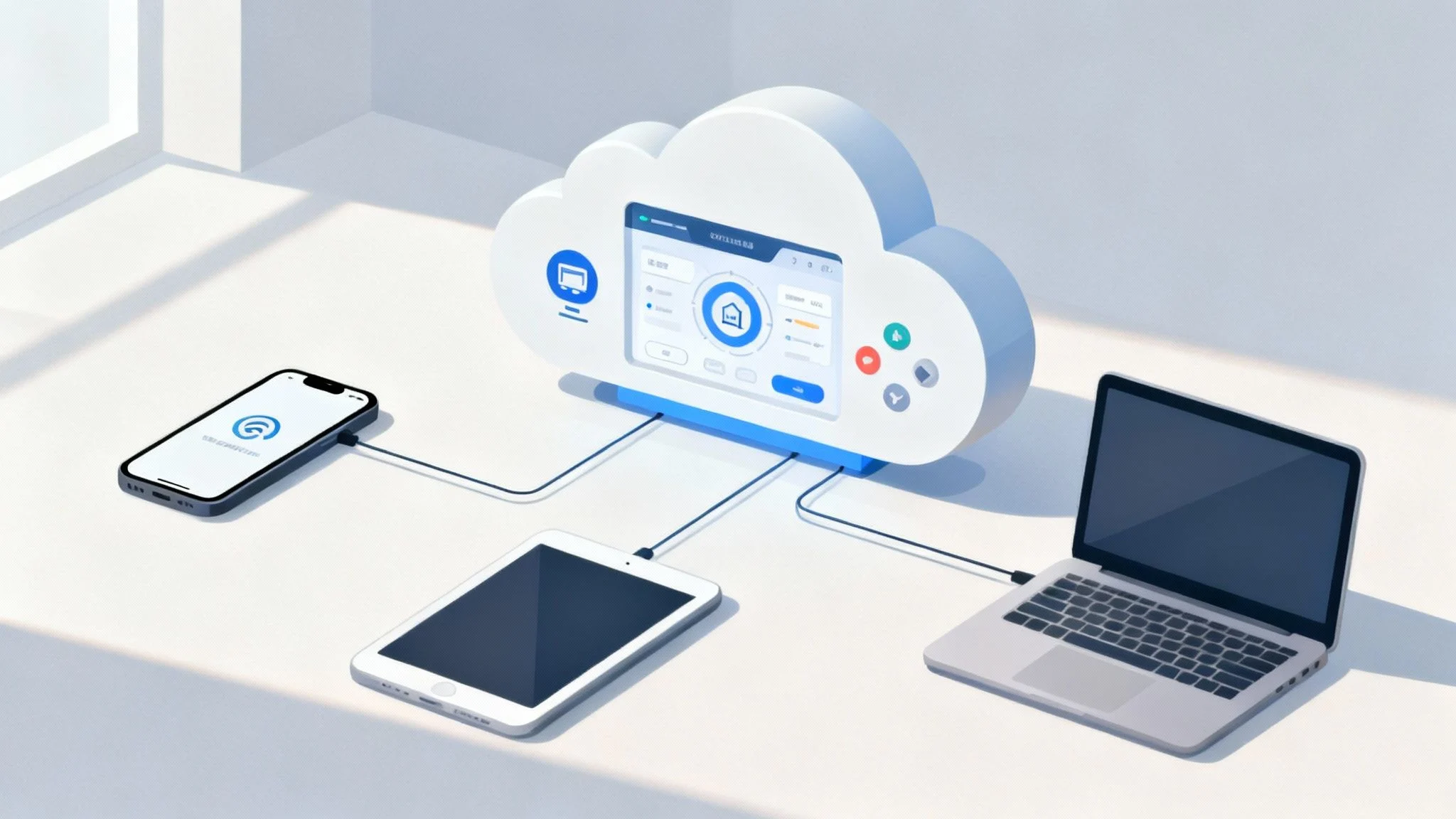 Illustration of a cloud-shaped device connected by cables to a smartphone, tablet, and laptop, symbolising cloud computing and data synchronisation between multiple electronic devices.