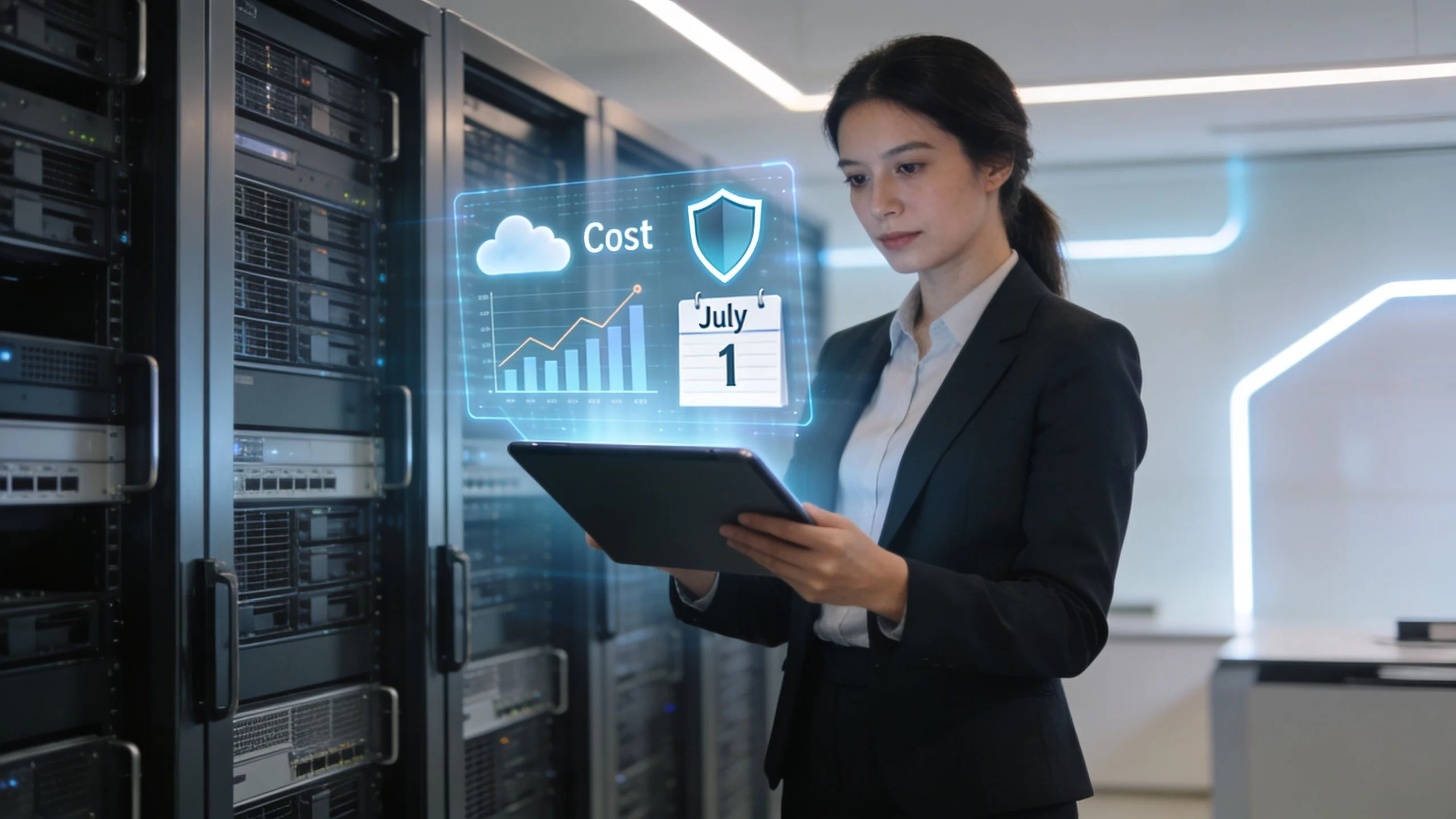 A woman in a business suit uses a digital tablet in a server room, with virtual graphics showing a cloud, a cost graph, a shield icon, and a calendar with 1 July displayed.