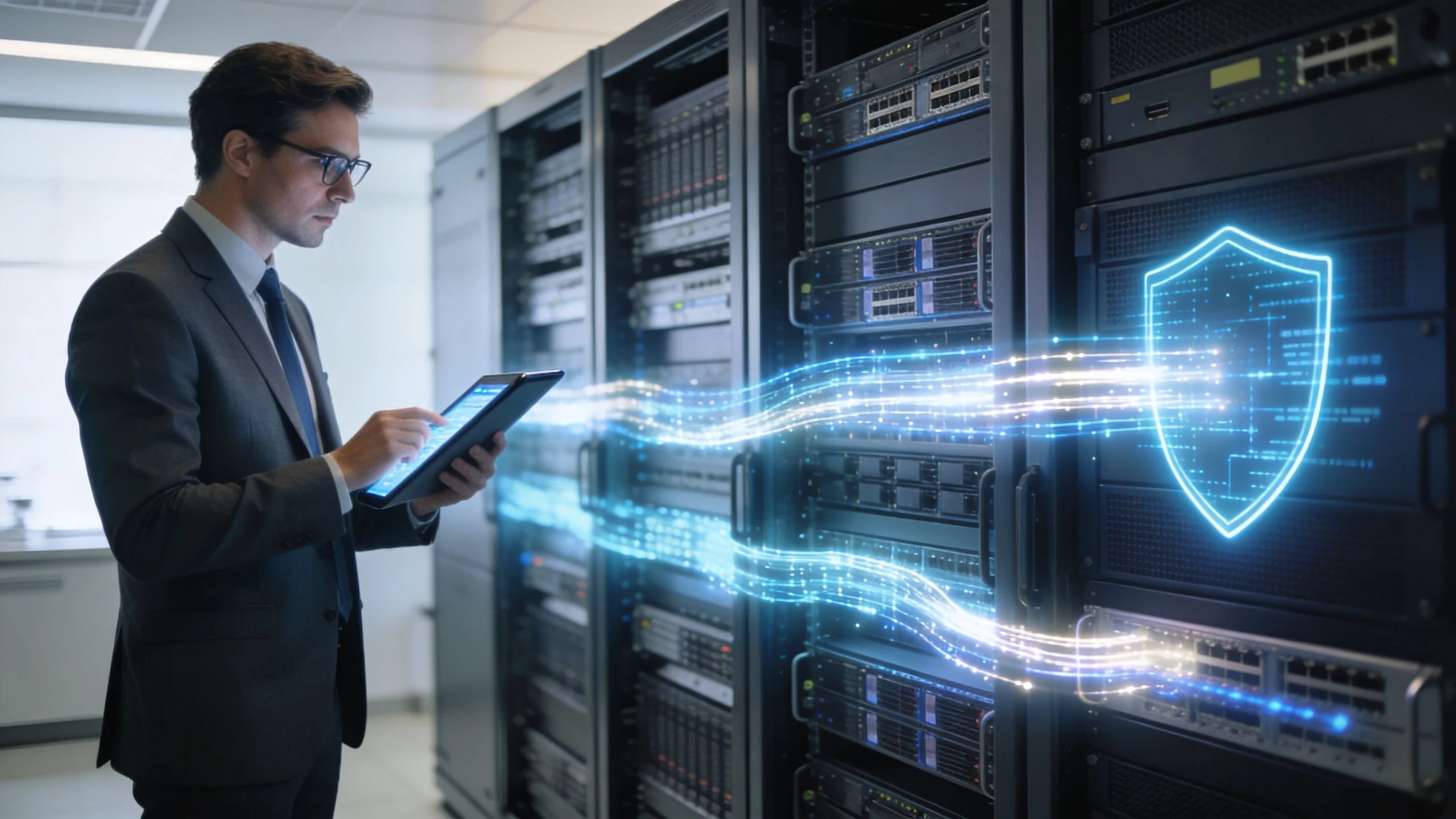 A professional IT specialist managing server infrastructure with a digital shield representing cybersecurity and network protection.